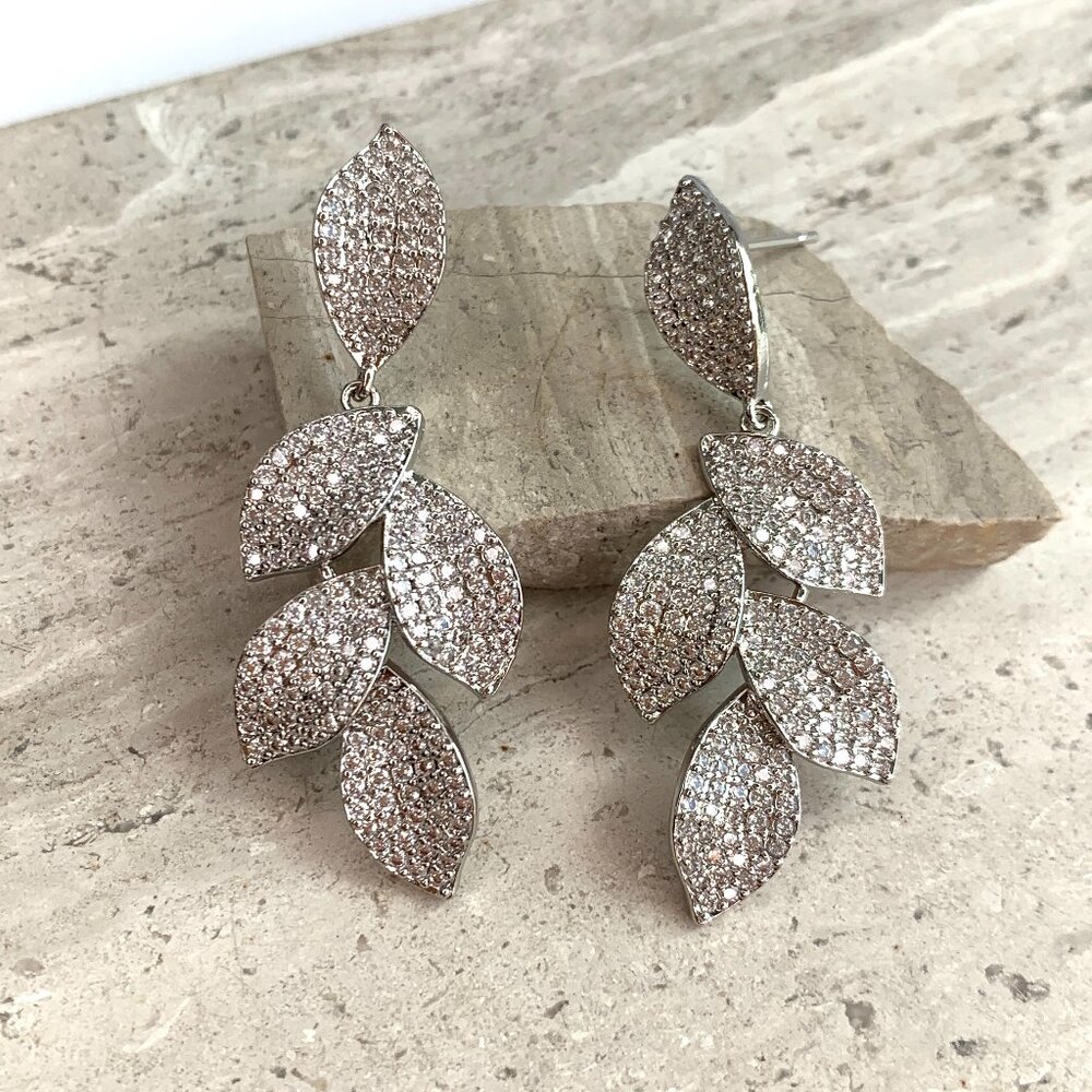 NEW~ Anthropologie SHASHI Silver Pavé Crystal Leaf Dangle Earrings